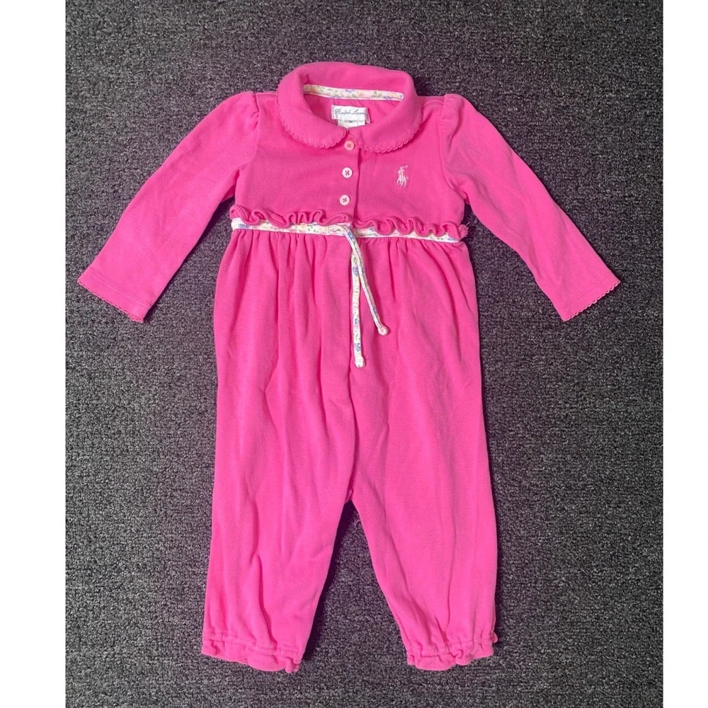 Ralph Lauren Polo Romper Pink Baby Girls 9M Long Sleeve Floral Ruffle Coverall